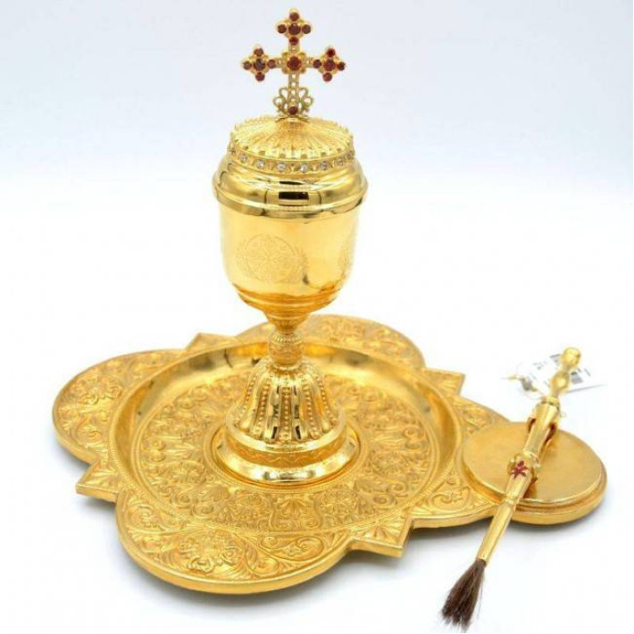 Brass holy oil vessel in gilt 