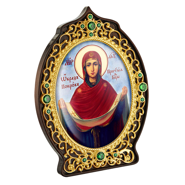 Icon of the Protection of the Most Holy Mother of God made of gilded brass