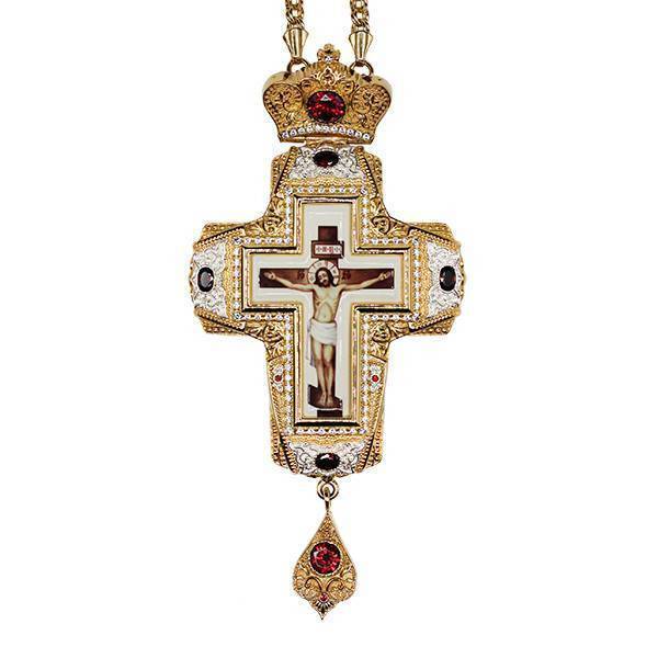 Brass pectoral cross in gilt with print and chain