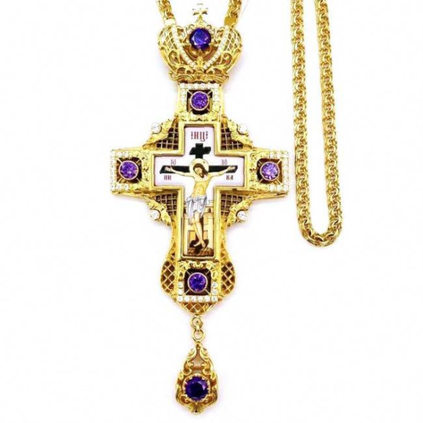 Cross for priest made of brass in gilt with stones and chain