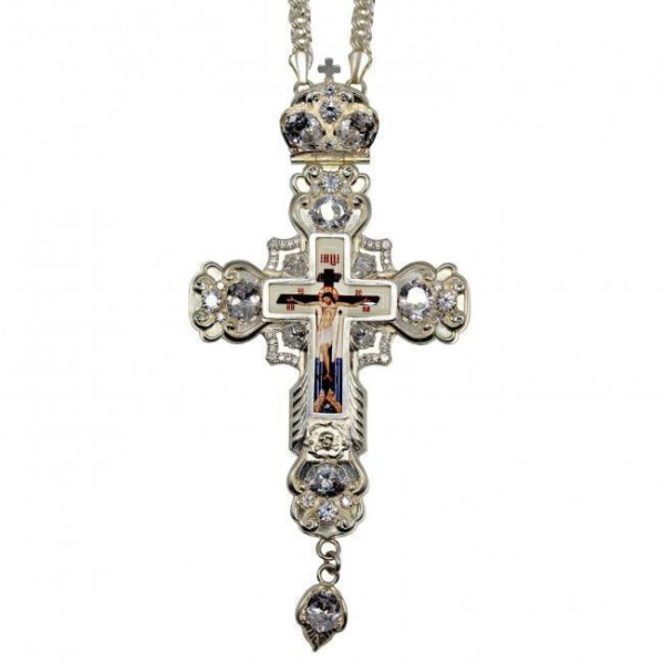 Cross for priest brass pectoral in silver plating with print and chain