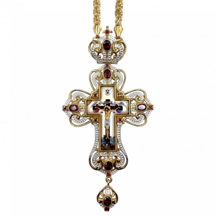 Orthodox pectoral cross made of brass gilded with decal and chain