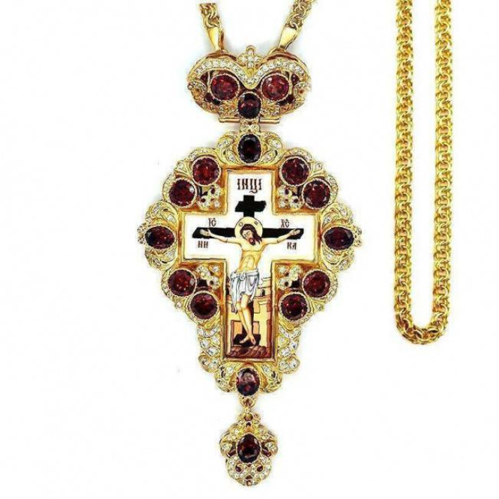 Cross for the priest gold plated brass with print and chain 