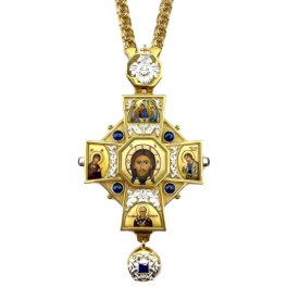 Brass pectoral cross in gilt with decal and chain