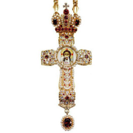 Brass pectoral cross in gilt with print and chain