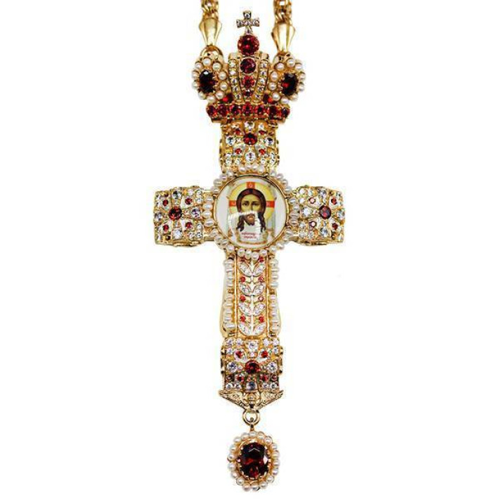Brass pectoral cross in gilt with print and chain