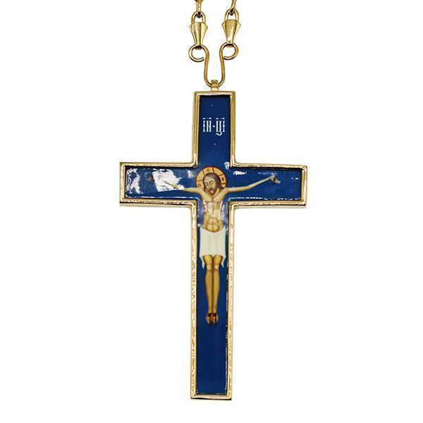Pectoral cross of brass in gilt with printed image and chain 