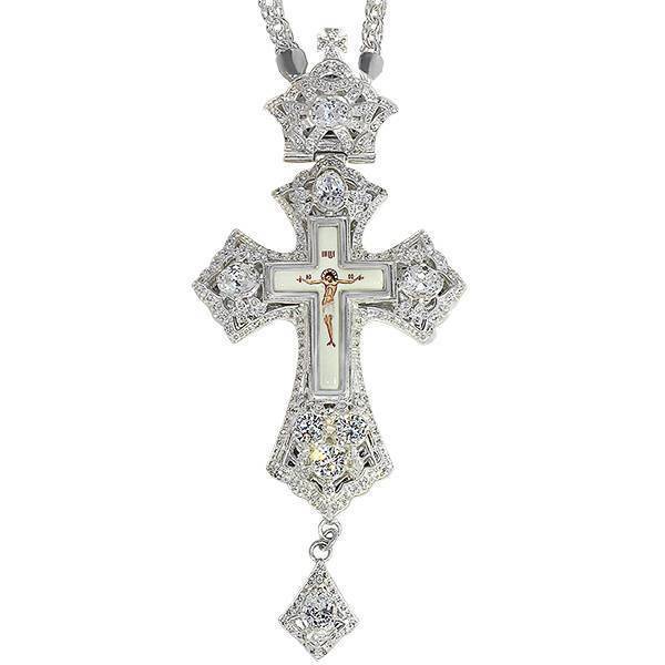Cross for priest made of brass in silver plated with stones and chain 