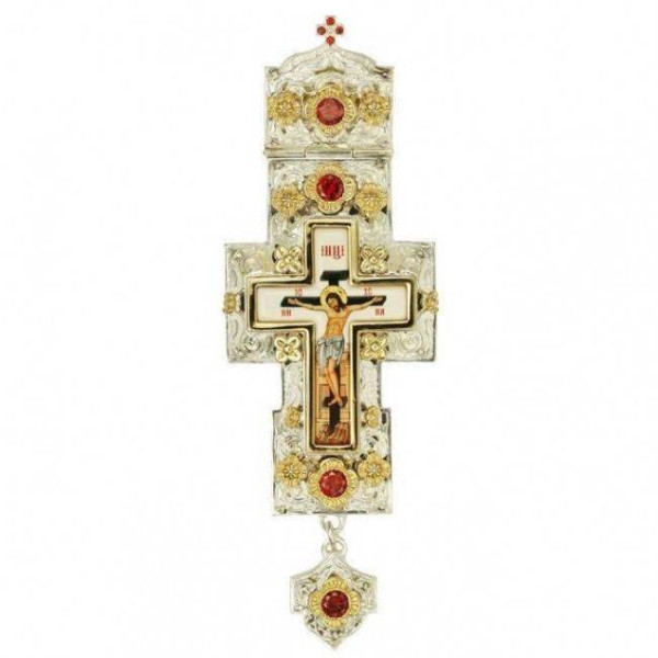 Cross for a priest made of brass with partial gold plating and decorations