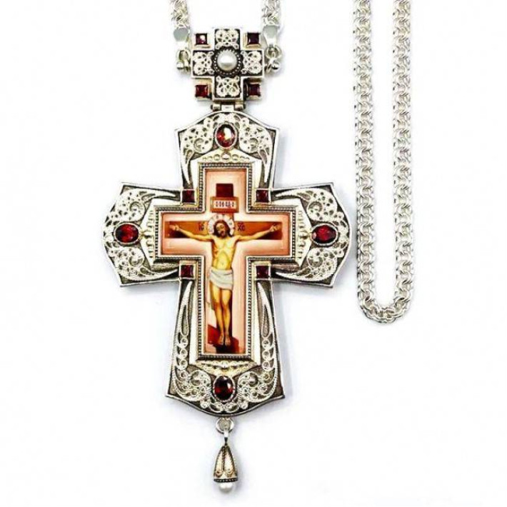 Priest's cross in brass in silver plated with jewelry and chain