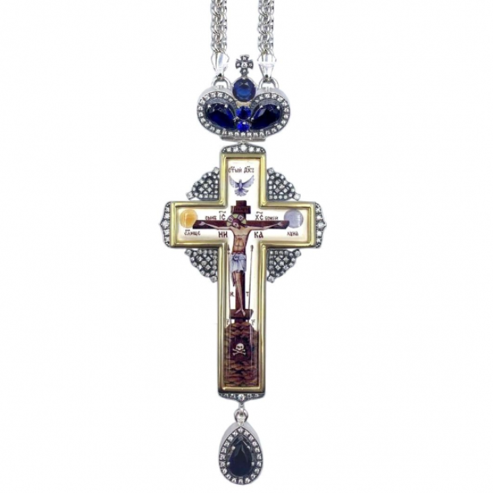 Brass Orthodox cross in silver plated with jewelry of phianites and chain