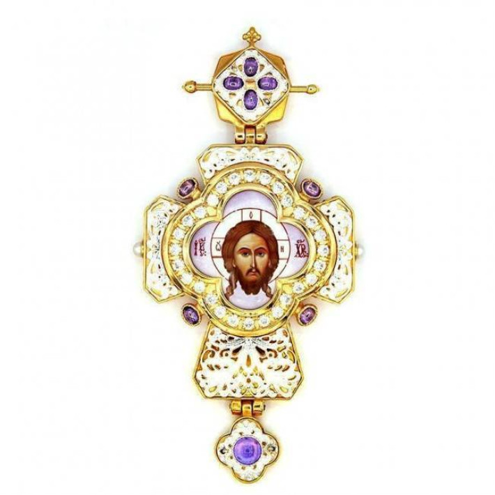 Cross for priest made of brass in gilt with silver plating and phianites