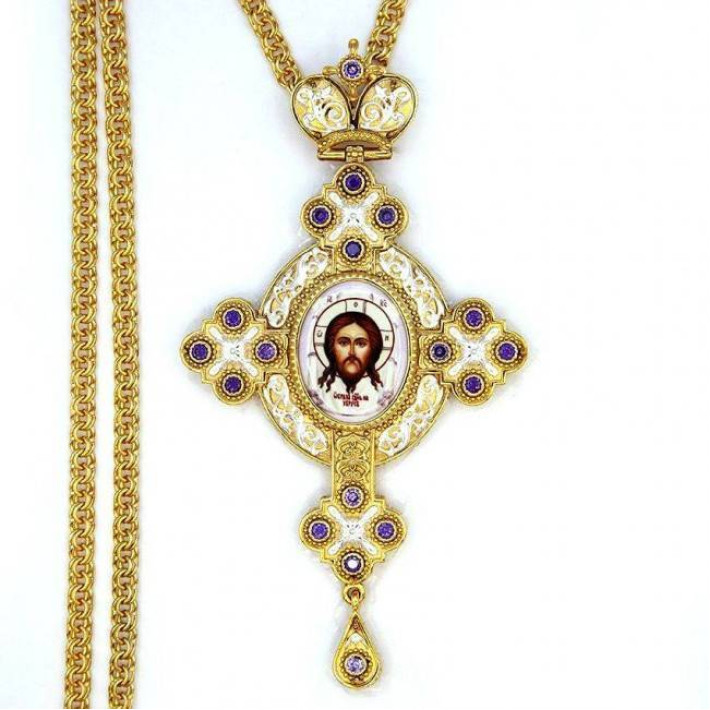 Brass Orthodox pectoral cross with gilding, decal with chain