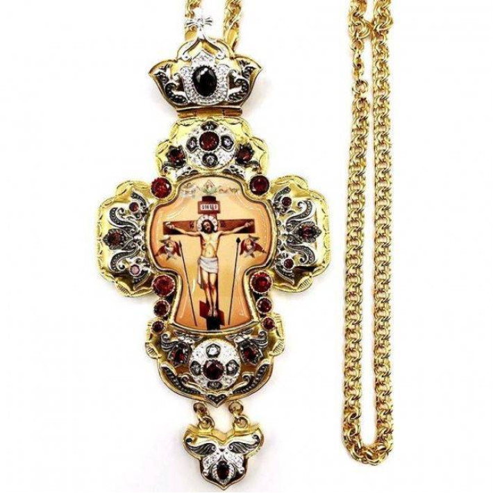 Mosazný pozlacený kříž s potiskem a řetěz Mosazný pozlacený kříž s potiskem a řetěz