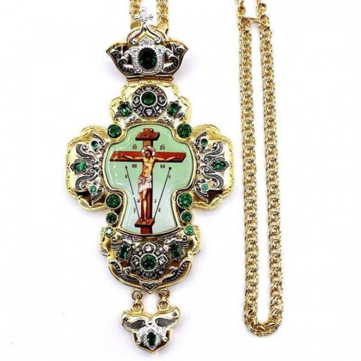 Mosazný pozlacený kříž s potiskem a řetěz Mosazný pozlacený kříž s potiskem a řetěz