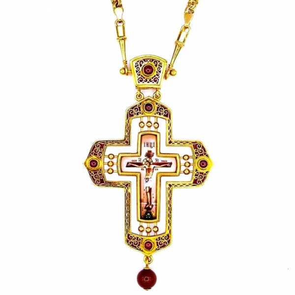 Cross for the priest pectoral made of jewelry alloy gilded with jewelry and chain 