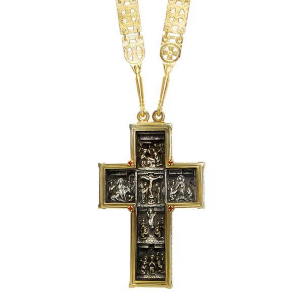 Cross for priest made of brass in gilt with silver plating and chain