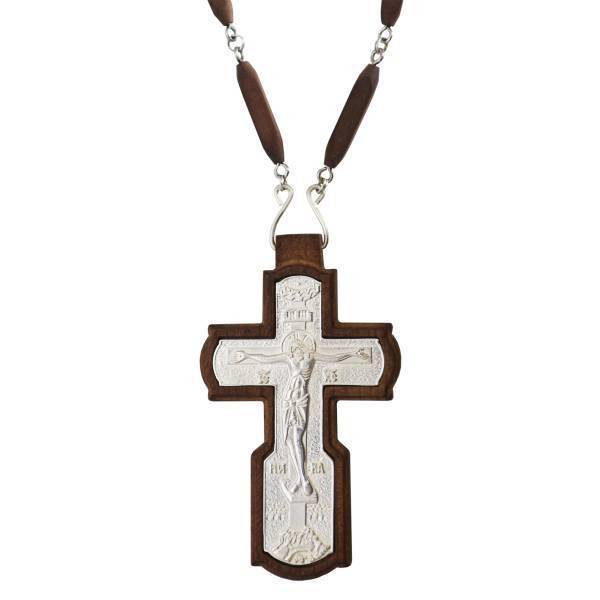 Priest's cross of brass in wooden frame with chain