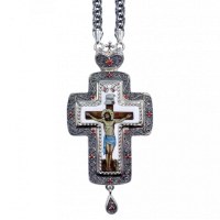 Pectoral cross made of jewelry alloy in silver with decorations and chain Pectoral cross made of jewelry alloy in silver with decorations and chain