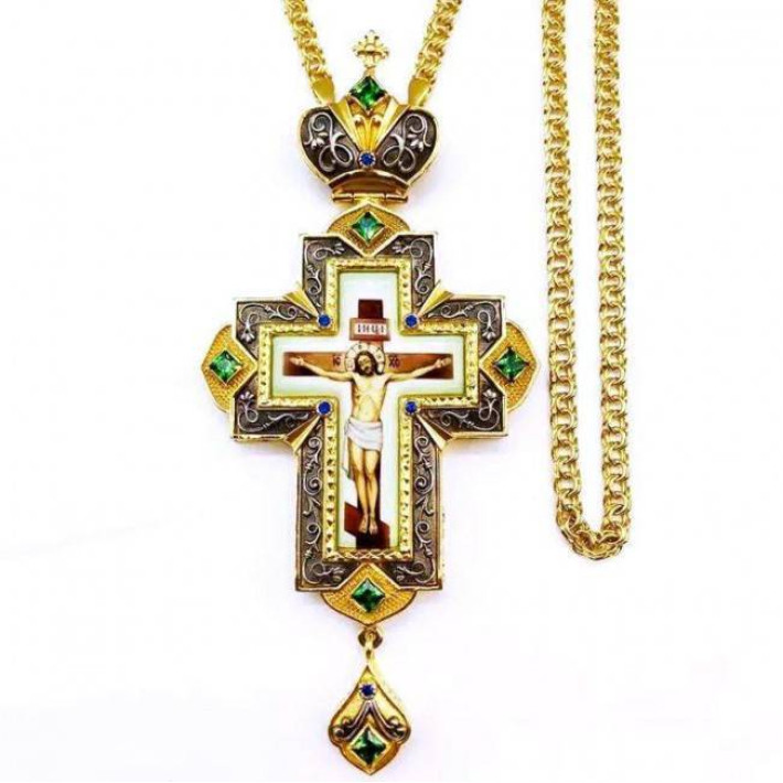 Mosazný pozlacený kříž s potiskem a řetěz