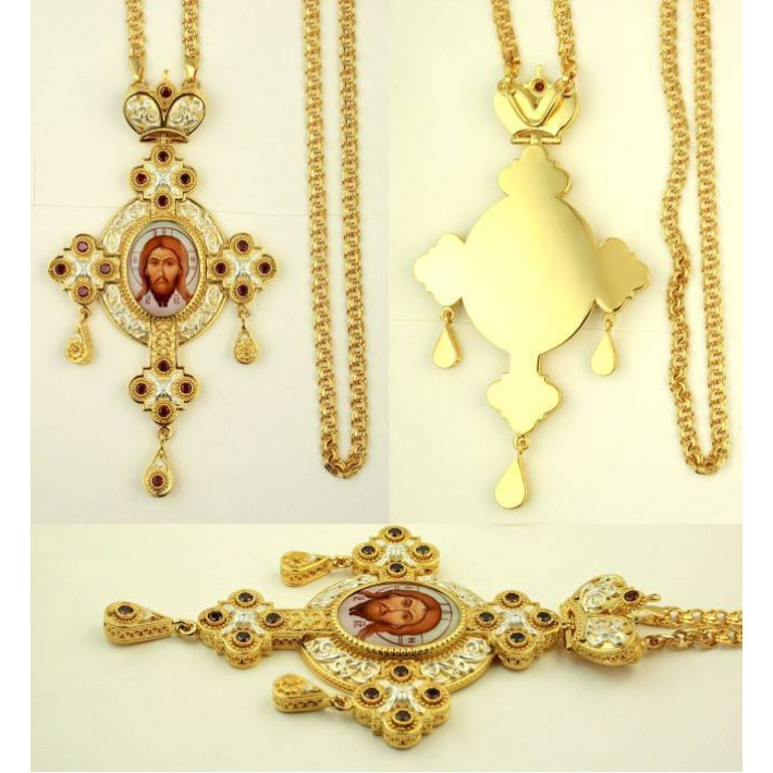 Priest's pectoral cross made of brass in gilt with jewelry and chain