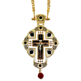 Brass pectoral cross in gilt with inserts, enamel, decal and chain