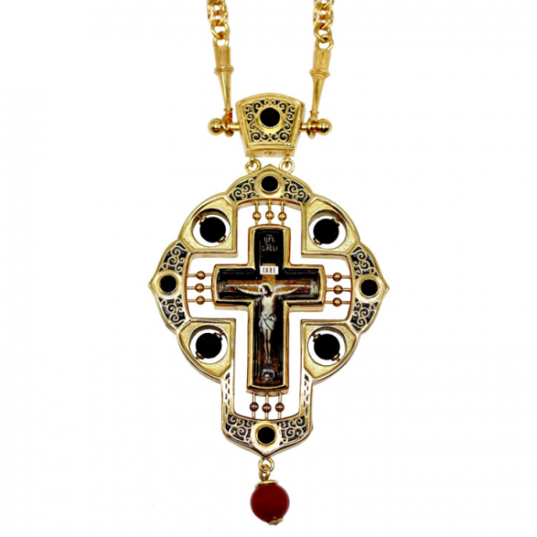 Brass pectoral cross in gilt with inserts, enamel, decal and chain