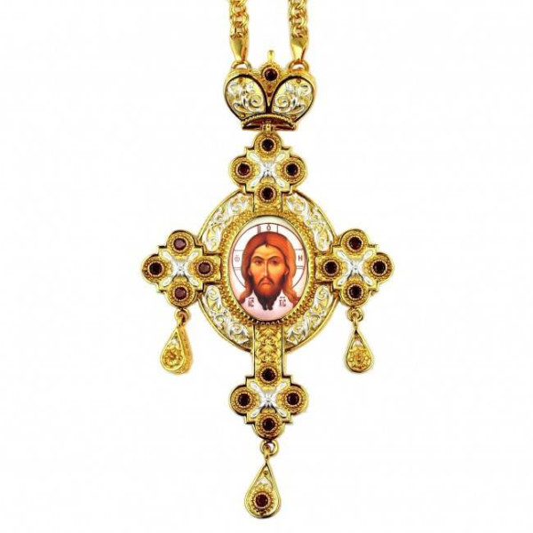 Priest's pectoral cross made of brass in gilt with jewelry and chain