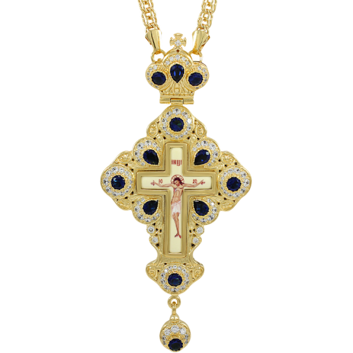Brass cross gilded with stone inserts and chain