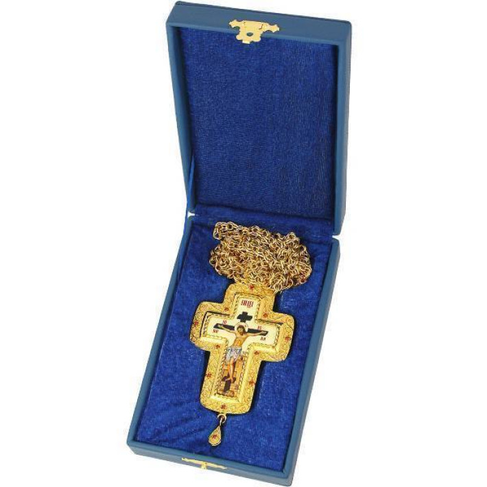 Brass pectoral cross in gilt with jewelry and chain