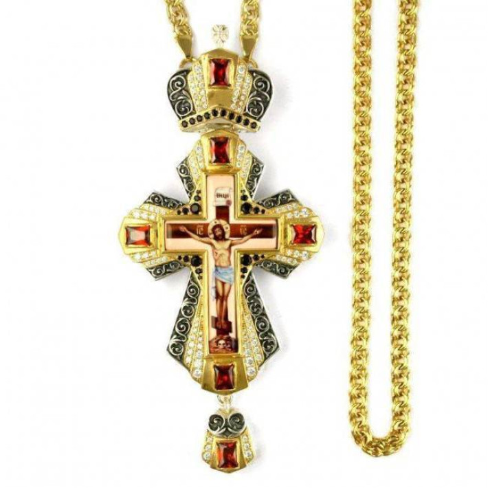 Cross for priest made of brass in silver-plated silver with gilding with chain