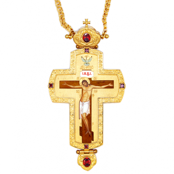 Cross for priest made of brass in gilt with jewelry and chain