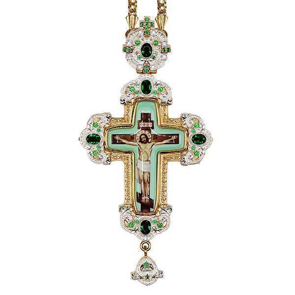 Brass pectoral cross in gilt with print and chain