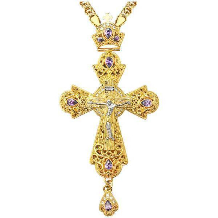 Cross for priests made of gold-plated brass with a silver finish and a chain