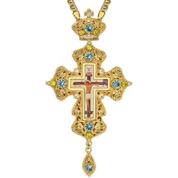 Brass pectoral cross in gilt with jewelry and chain
