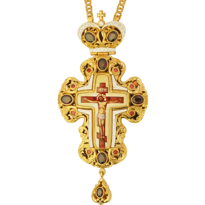 Brass pectoral cross in gilt with jewelry and chain