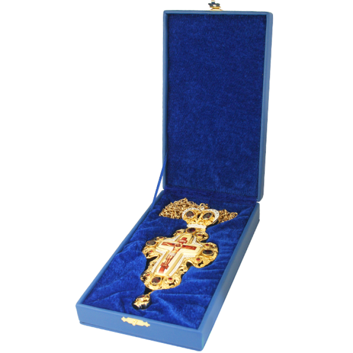 Brass pectoral cross in gilt with jewelry and chain