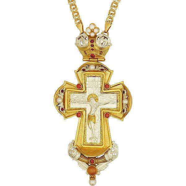 Cross for priest made of brass in gilt with decorations and chain