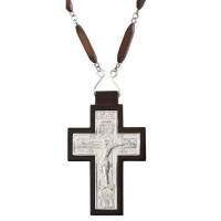 Cross for priest made of brass in silver plated with wooden frame and chain Priest's cross in silver with wooden frame and chain