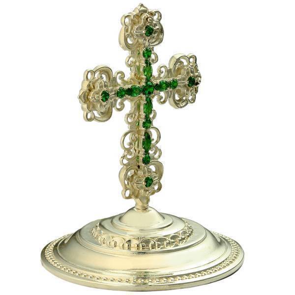 Cross on miter made of brass in silver with inserts of phianites