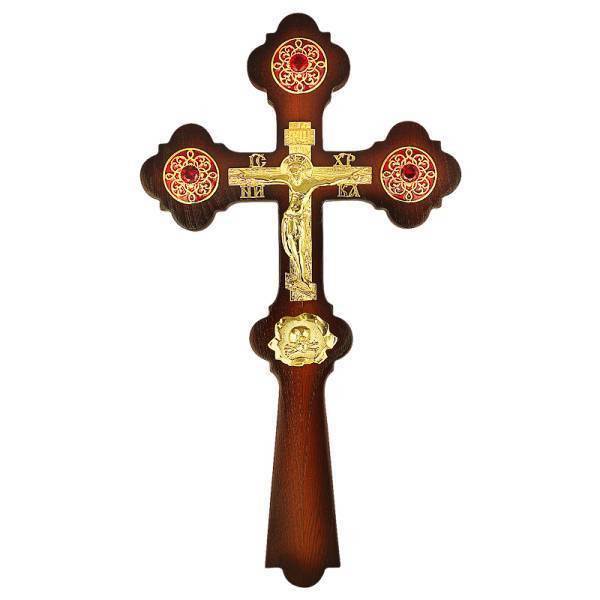 Altar cross brass pectoral on wood in gilt 