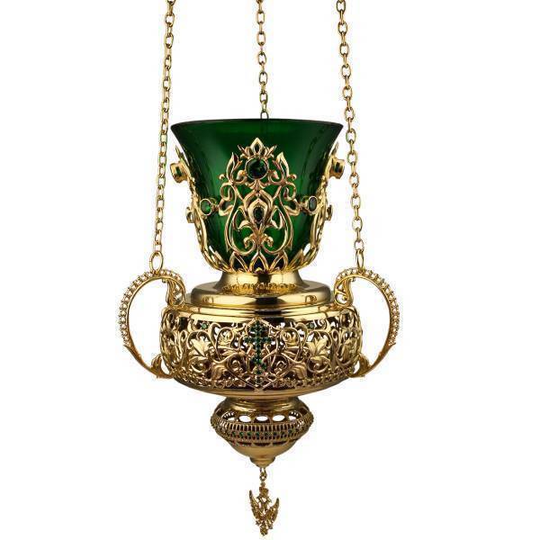 Brass hanging vigil lamp in gilt 