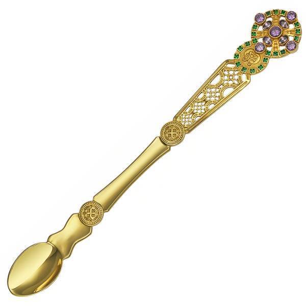Communion Spoon made of gold-plated brass with cubic zirconia inlays