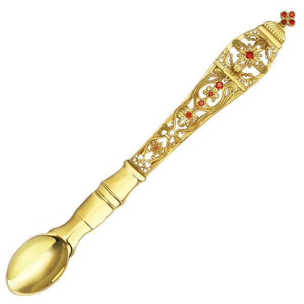 Communion Spoon made of gold-plated brass with cubic zirconia inlays