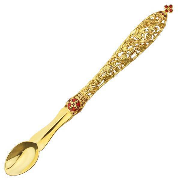 Brass spoon in gold plating with jewelry-grade enamel and cubic zirconia
