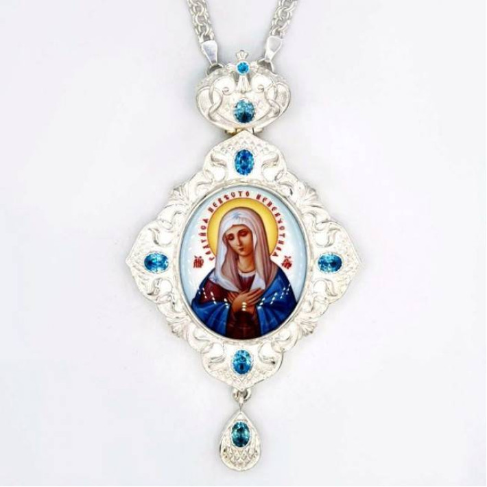 Archiepiscopal Engolpion made of brass, silver plated, with decorations and a chain