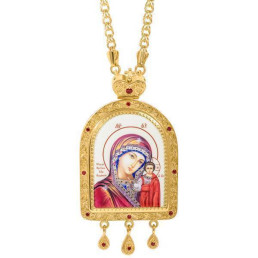 Brass panagia in gilt with print and chain