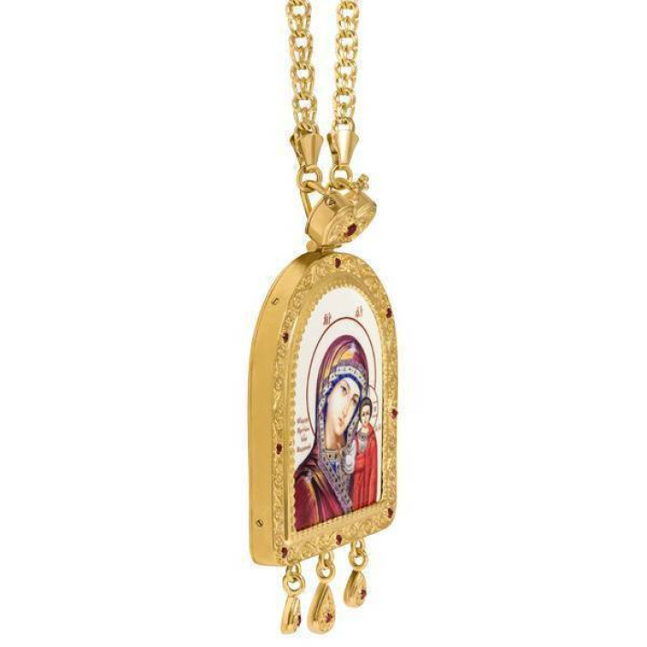 Brass panagia in gilt with print and chain