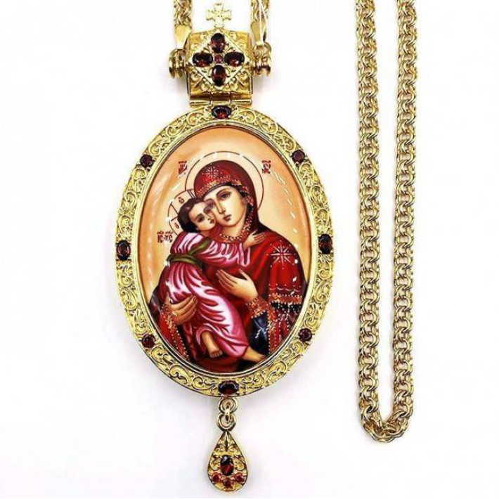 Mosazná panagia archijerejska ve zlacení s řetízkem