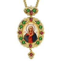 Biskupská panagia z mosazi ve zlacení s bižuterií a řetízkem